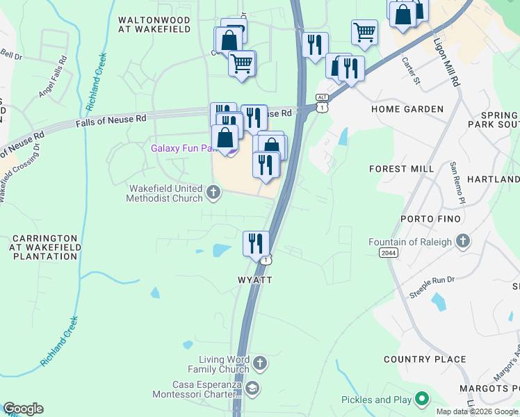 map of restaurants, bars, coffee shops, grocery stores, and more near 10821 Ponderosa Srv Road in Wake Forest