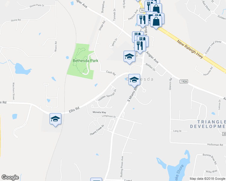 map of restaurants, bars, coffee shops, grocery stores, and more near 2 Suncrest Court in Durham