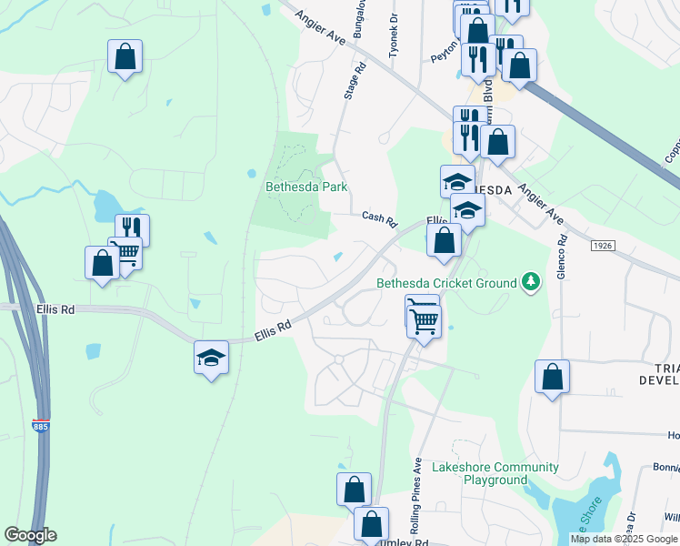 map of restaurants, bars, coffee shops, grocery stores, and more near 2725 Ellis Road in Durham