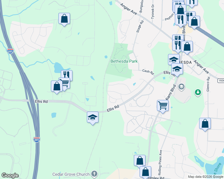 map of restaurants, bars, coffee shops, grocery stores, and more near 1031 Manorhaven Drive in Durham