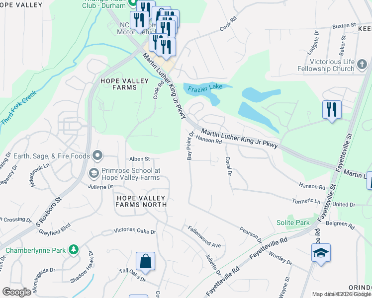 map of restaurants, bars, coffee shops, grocery stores, and more near 3 Stepney Court in Durham