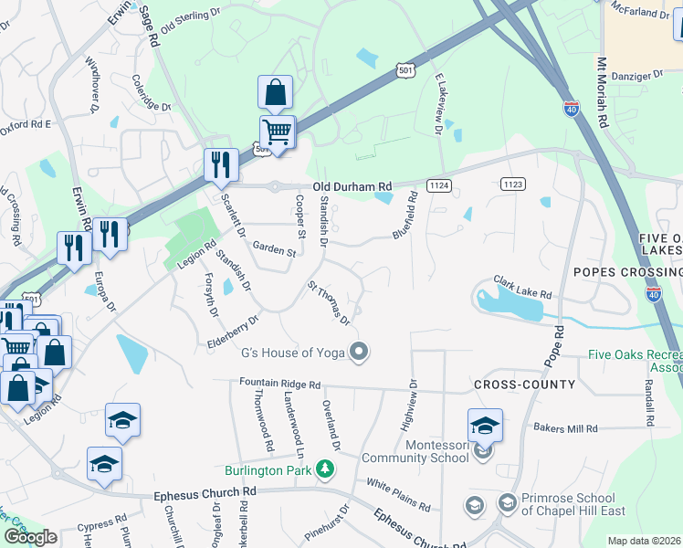 map of restaurants, bars, coffee shops, grocery stores, and more near 107 Sir Richard Lane in Chapel Hill