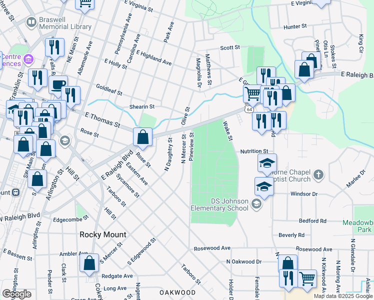 map of restaurants, bars, coffee shops, grocery stores, and more near 509 North Mercer Street in Rocky Mount