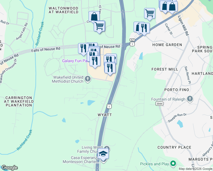 map of restaurants, bars, coffee shops, grocery stores, and more near 10821 Ponderosa Srv Road in Wake Forest