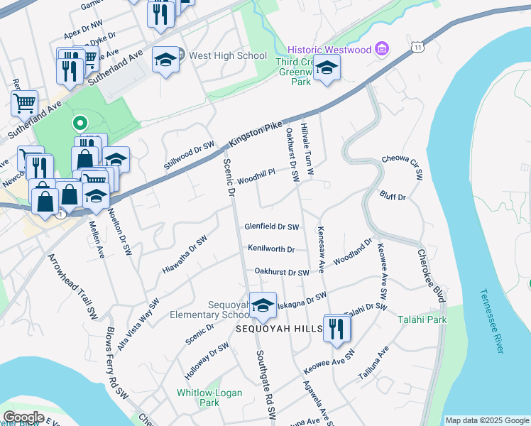 map of restaurants, bars, coffee shops, grocery stores, and more near 3839 Dellwood Drive in Knoxville