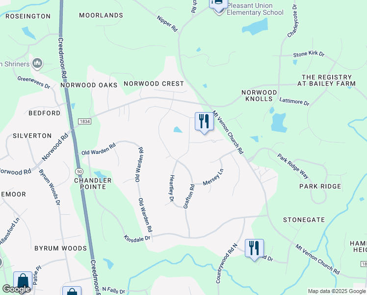 map of restaurants, bars, coffee shops, grocery stores, and more near 2409 Heartley Drive in Raleigh