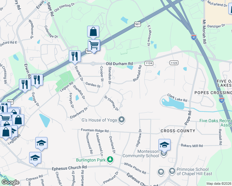 map of restaurants, bars, coffee shops, grocery stores, and more near 107 Sir Richard Lane in Chapel Hill
