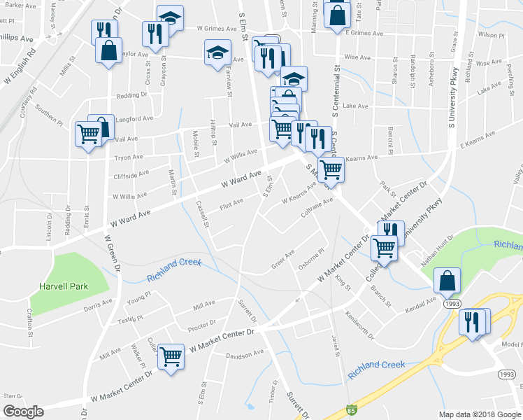 map of restaurants, bars, coffee shops, grocery stores, and more near 502 Coltrane Avenue in High Point