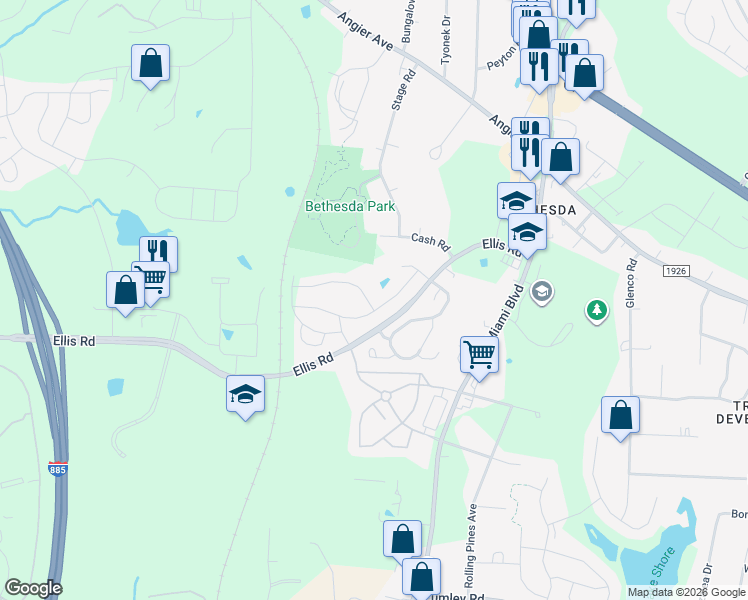 map of restaurants, bars, coffee shops, grocery stores, and more near 1083 Manorhaven Drive in Durham