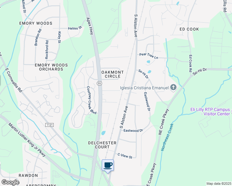 map of restaurants, bars, coffee shops, grocery stores, and more near 120 Castlerock Drive in Durham