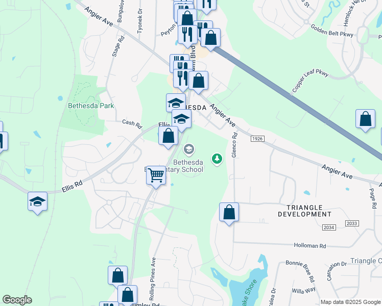 map of restaurants, bars, coffee shops, grocery stores, and more near 2009 South Miami Boulevard in Durham