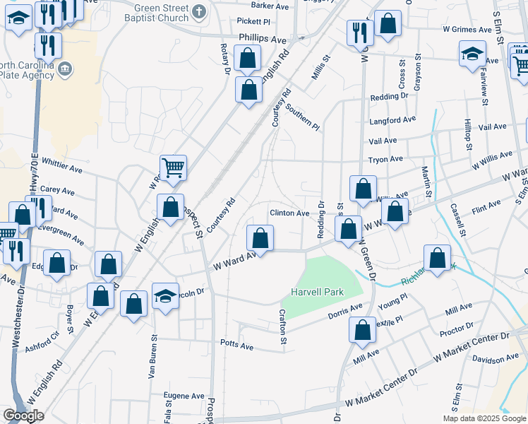 map of restaurants, bars, coffee shops, grocery stores, and more near 310 Ridgeway Place in High Point