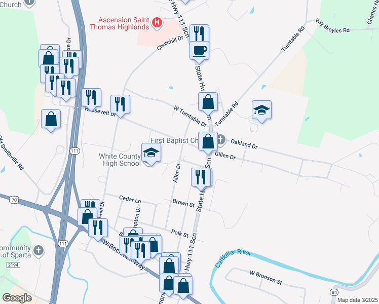 map of restaurants, bars, coffee shops, grocery stores, and more near 281 North Spring Street in Sparta