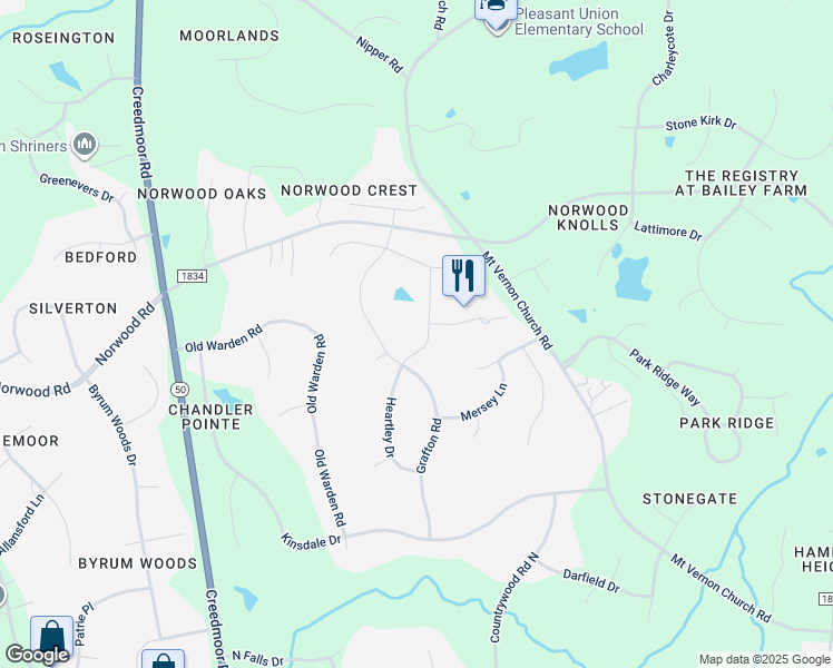 map of restaurants, bars, coffee shops, grocery stores, and more near 2409 Heartley Drive in Raleigh