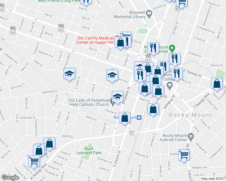map of restaurants, bars, coffee shops, grocery stores, and more near 409 Nash Street in Rocky Mount