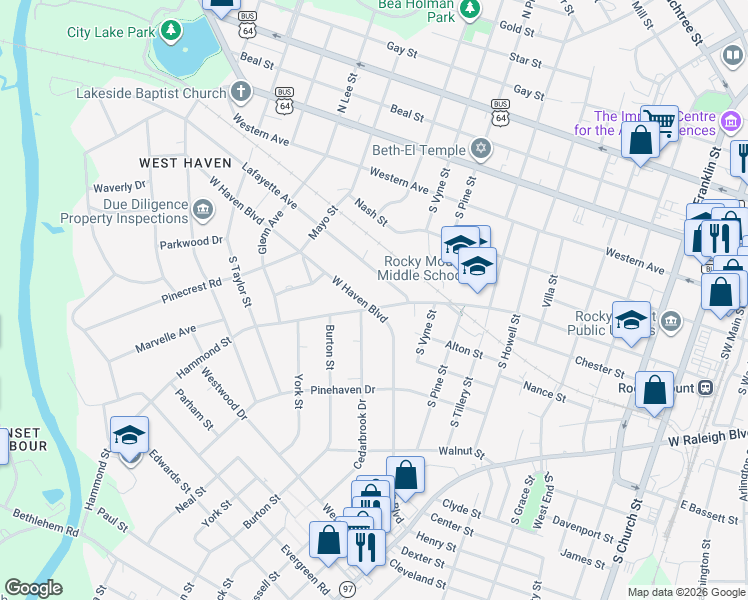 map of restaurants, bars, coffee shops, grocery stores, and more near 1014 West Haven Boulevard in Rocky Mount