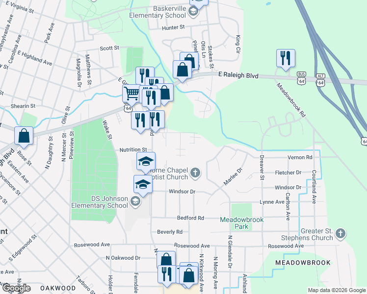 map of restaurants, bars, coffee shops, grocery stores, and more near 108 Photinia Court in Rocky Mount