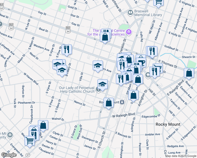 map of restaurants, bars, coffee shops, grocery stores, and more near 409 Nash Street in Rocky Mount
