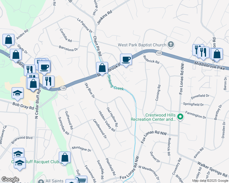 map of restaurants, bars, coffee shops, grocery stores, and more near 1002 Summer Wood Road in Knoxville