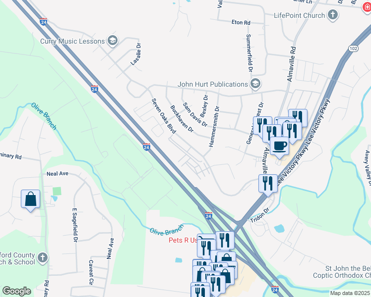 map of restaurants, bars, coffee shops, grocery stores, and more near 939 7 Oaks Boulevard in Smyrna