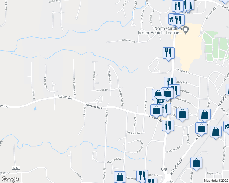 map of restaurants, bars, coffee shops, grocery stores, and more near 1017 Hawick Drive in High Point