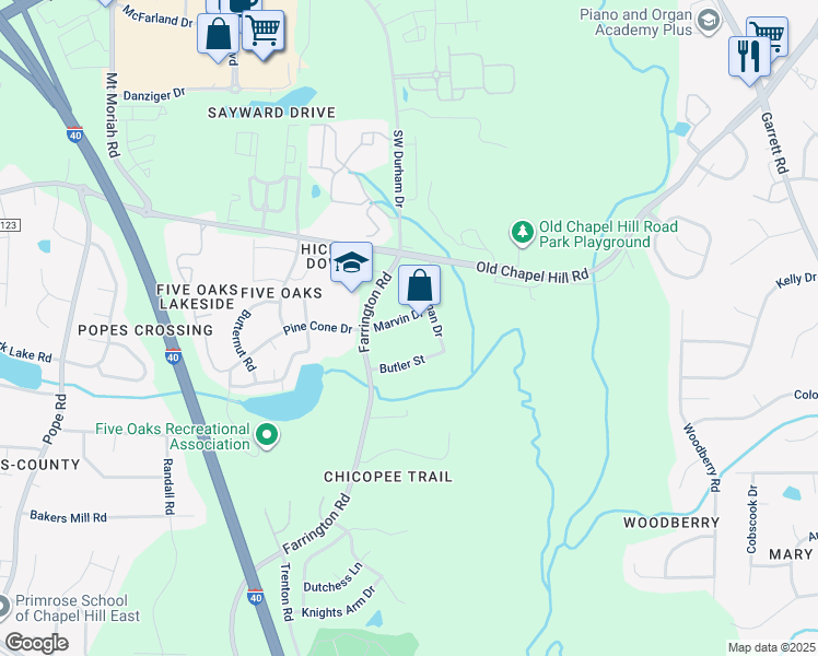 map of restaurants, bars, coffee shops, grocery stores, and more near 4811 Marvin Drive in Durham