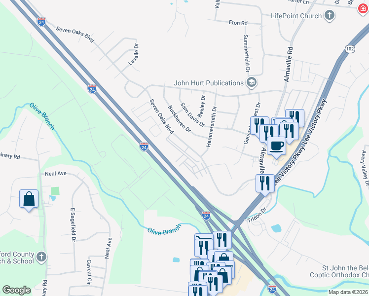 map of restaurants, bars, coffee shops, grocery stores, and more near 939 7 Oaks Boulevard in Smyrna