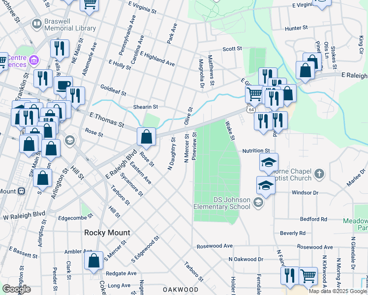 map of restaurants, bars, coffee shops, grocery stores, and more near 514 North Mercer Street in Rocky Mount