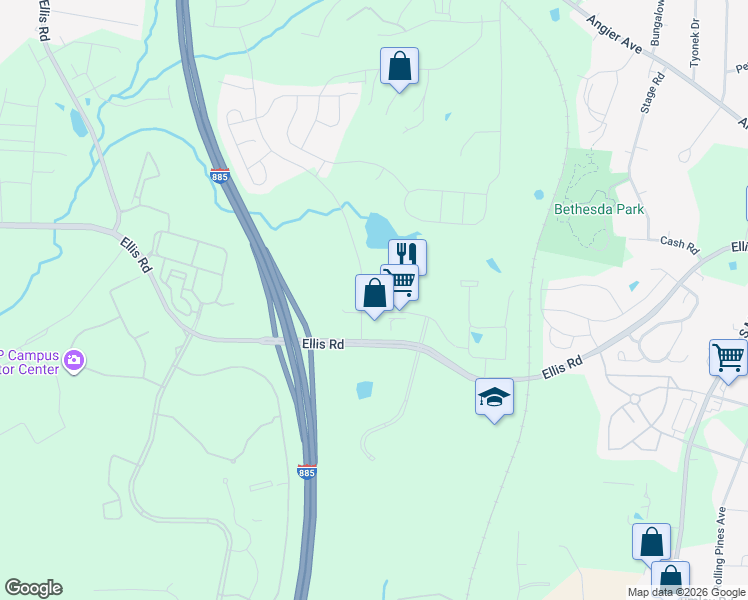 map of restaurants, bars, coffee shops, grocery stores, and more near 2215 Ellis Road in Durham