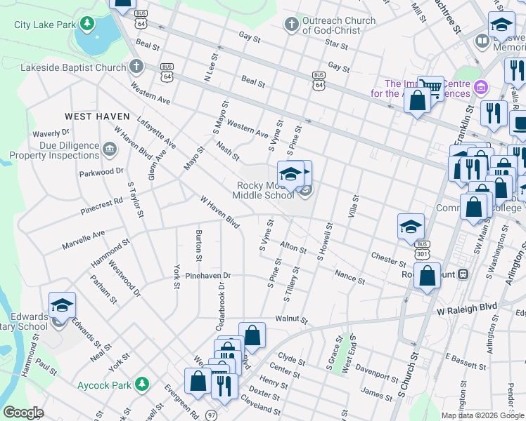 map of restaurants, bars, coffee shops, grocery stores, and more near 1000 Hammond St in Rocky Mt