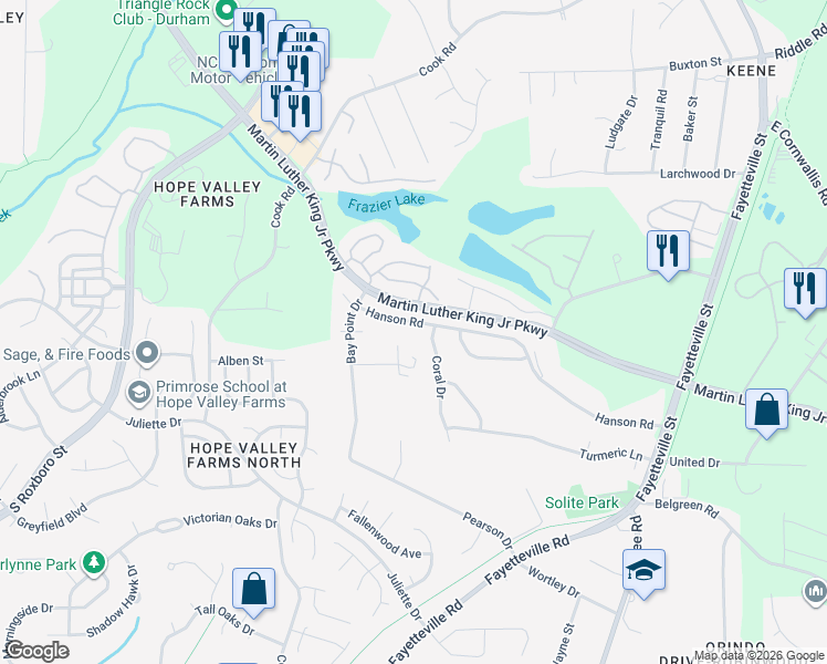 map of restaurants, bars, coffee shops, grocery stores, and more near 416 Hanson Road in Durham