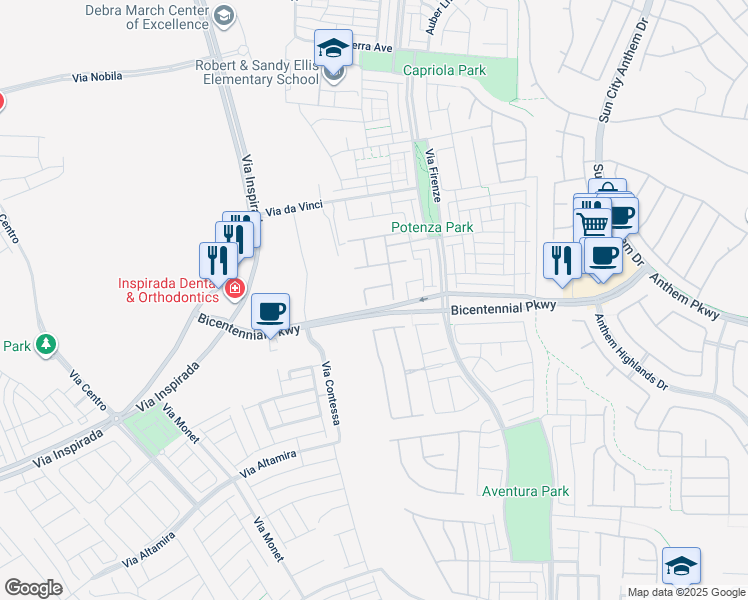 map of restaurants, bars, coffee shops, grocery stores, and more near 2400 Trissino Court in Henderson