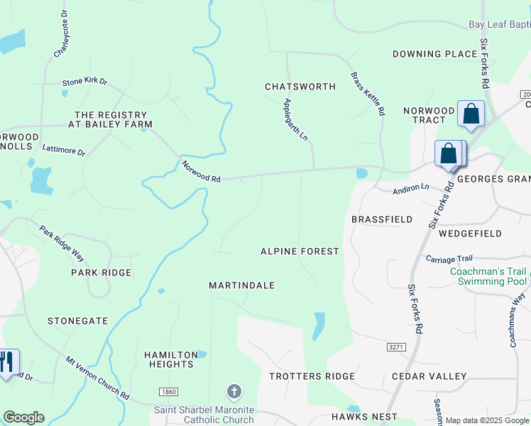 map of restaurants, bars, coffee shops, grocery stores, and more near 5824 Norwood Ridge Drive in Raleigh
