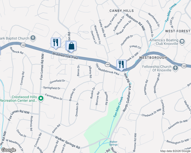 map of restaurants, bars, coffee shops, grocery stores, and more near 1116 Albany Road in Knoxville