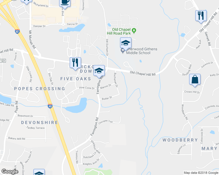 map of restaurants, bars, coffee shops, grocery stores, and more near 4811 Marvin Drive in Durham