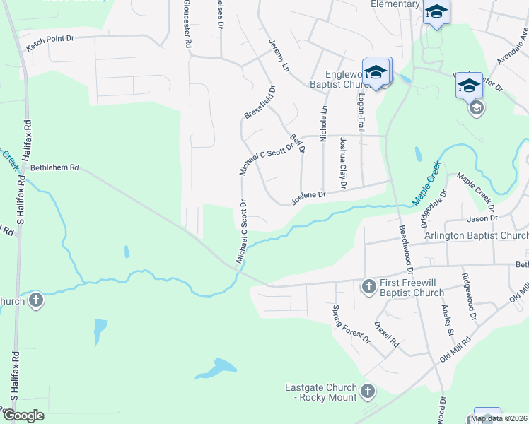 map of restaurants, bars, coffee shops, grocery stores, and more near 2151-2155 Joelene Drive in Rocky Mount