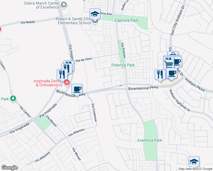 map of restaurants, bars, coffee shops, grocery stores, and more near 2400 Trissino Court in Henderson