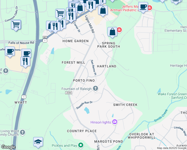 map of restaurants, bars, coffee shops, grocery stores, and more near 10124 San Remo Place in Wake Forest