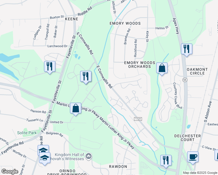 map of restaurants, bars, coffee shops, grocery stores, and more near 1602 East Cornwallis Road in Durham