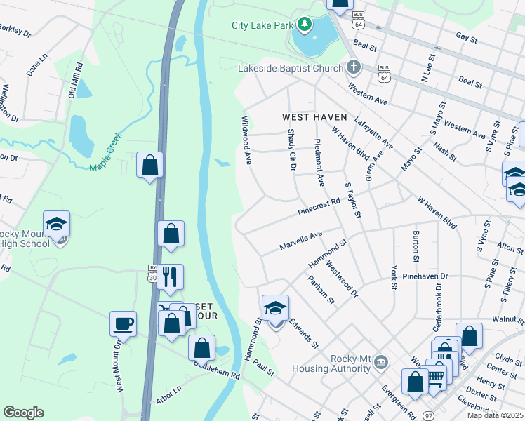 map of restaurants, bars, coffee shops, grocery stores, and more near 503 Evergreen Road in Rocky Mount