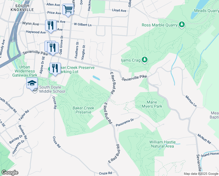 map of restaurants, bars, coffee shops, grocery stores, and more near 743 East Red Bud Road in Knoxville