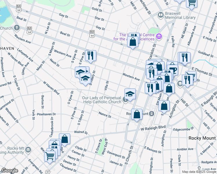 map of restaurants, bars, coffee shops, grocery stores, and more near 530 Park Place in Rocky Mount