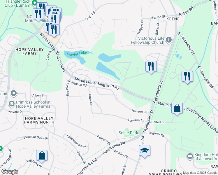 map of restaurants, bars, coffee shops, grocery stores, and more near 617 Hanson Road in Durham