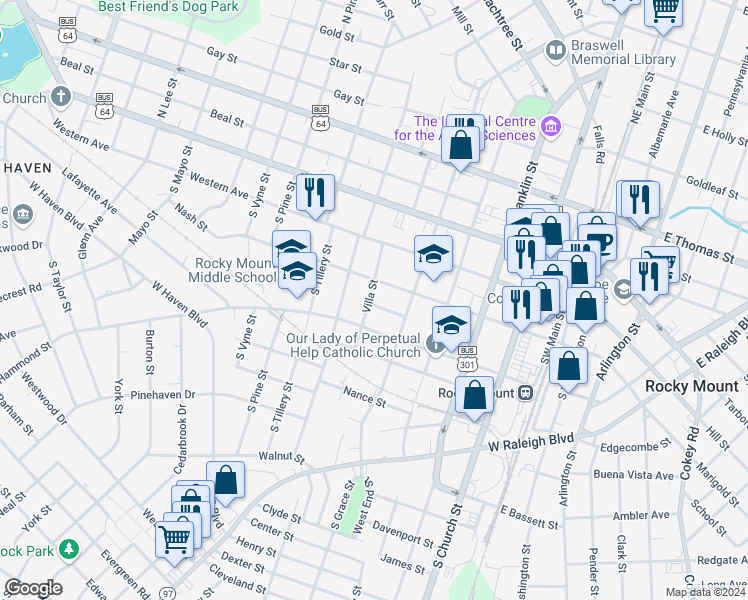 map of restaurants, bars, coffee shops, grocery stores, and more near 534 Park Place in Rocky Mount