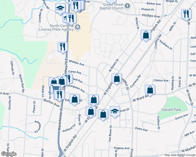map of restaurants, bars, coffee shops, grocery stores, and more near 515 Ridgecrest Drive in High Point