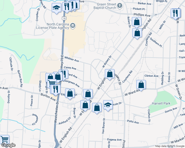 map of restaurants, bars, coffee shops, grocery stores, and more near 515 Ridgecrest Drive in High Point