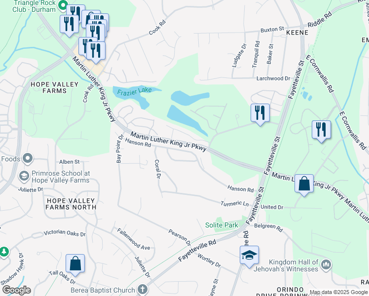 map of restaurants, bars, coffee shops, grocery stores, and more near 613 Hanson Road in Durham