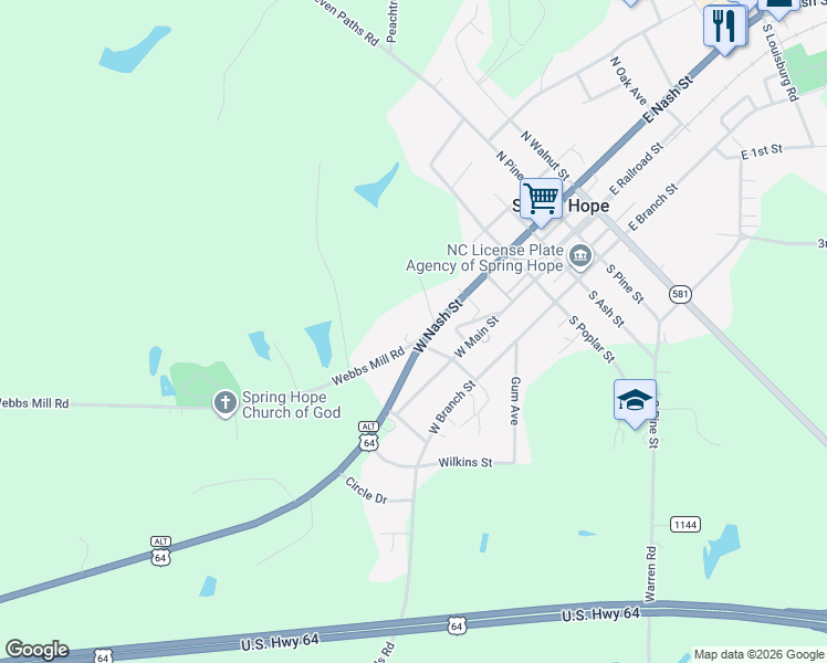 map of restaurants, bars, coffee shops, grocery stores, and more near 504 West Nash Street in Spring Hope