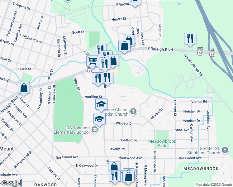 map of restaurants, bars, coffee shops, grocery stores, and more near 108 Photinia Court in Rocky Mount
