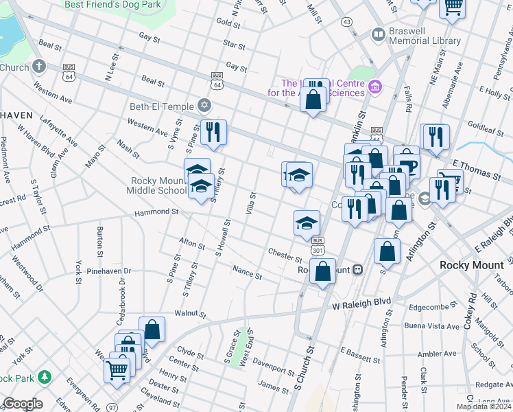map of restaurants, bars, coffee shops, grocery stores, and more near 521 Nash Street in Rocky Mount
